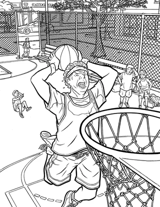 Boy preparing to dunk a basketball on an outdoor court