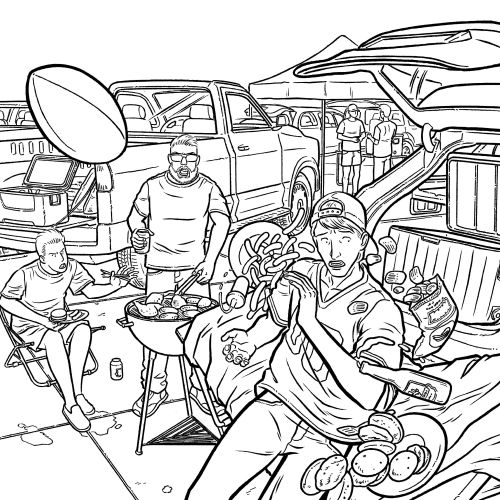 People eating and grilling food at tailgate party by pickup trucks