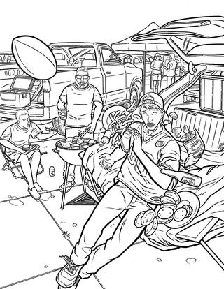 People eating and grilling food at tailgate party by pickup trucks