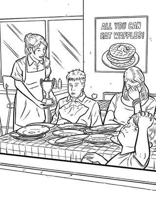 Waitress holding trophy as people sit with empty plates after eating waffles