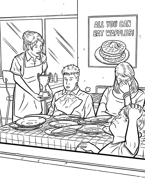 Waitress holding trophy as people sit with empty plates after eating waffles