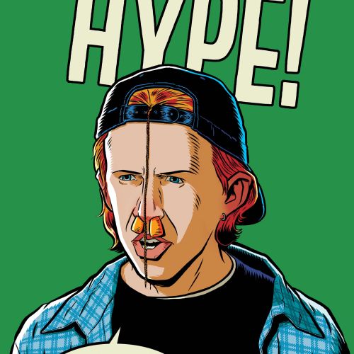 Split illustration of young man with cap and hype text on green background