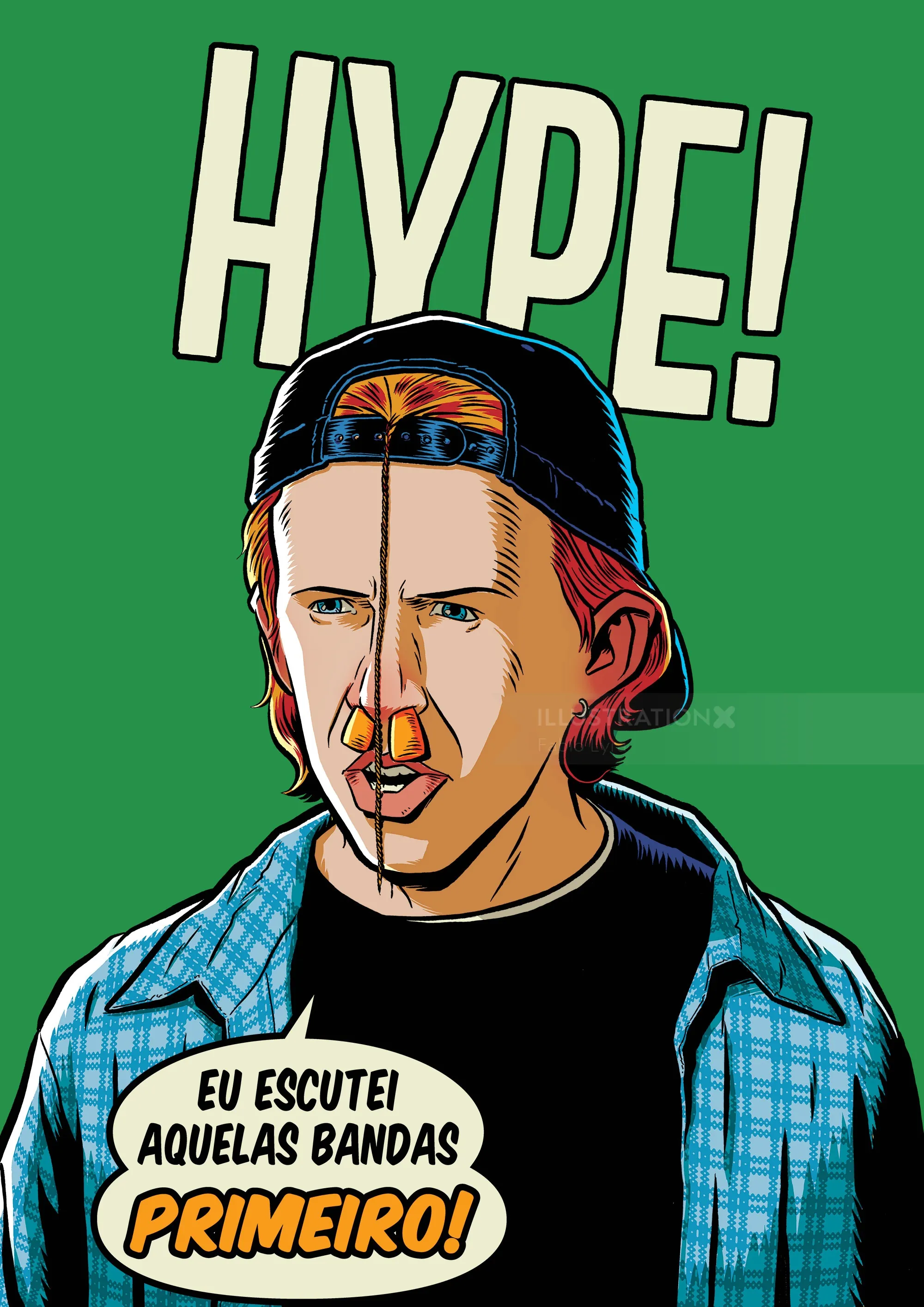 Split illustration of young man with cap and hype text on green background