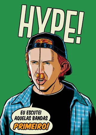 Split illustration of young man with cap and hype text on green background