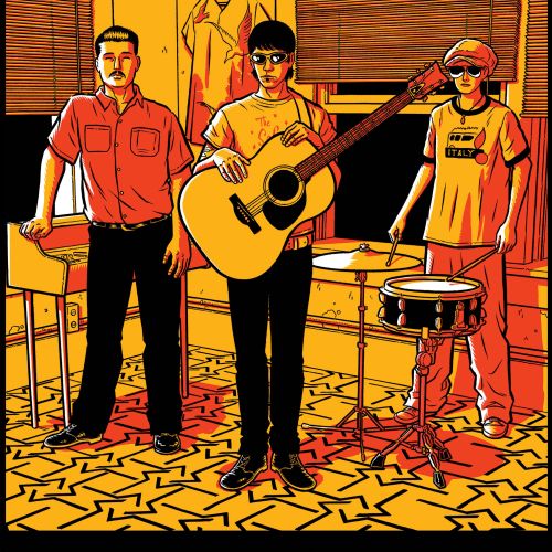 Three musicians playing guitar and drums in a stylized room
