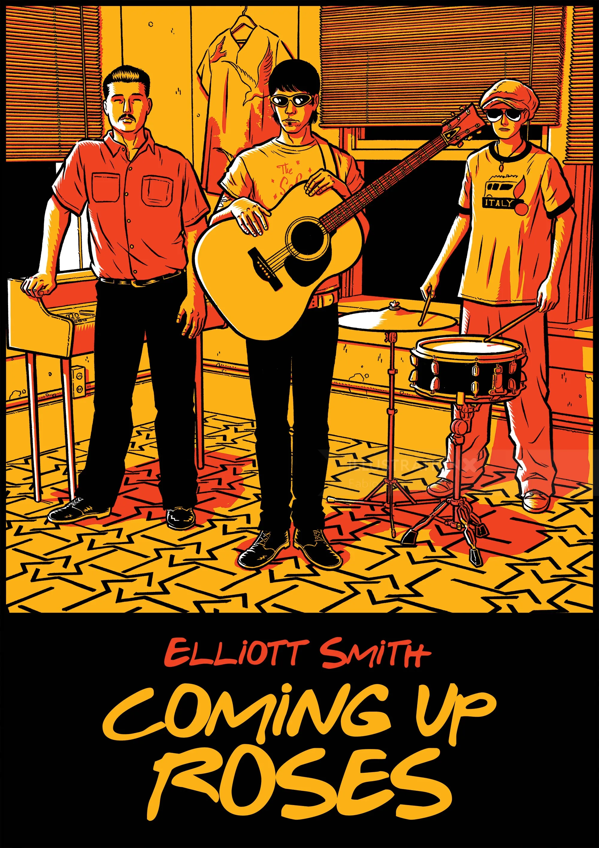 Three musicians playing guitar and drums in a stylized room