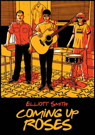 Three musicians playing guitar and drums in a stylized room