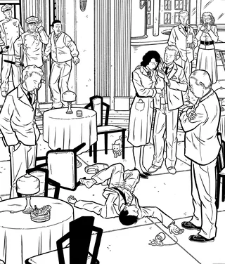 Man collapsed on floor in café while others observe and react.