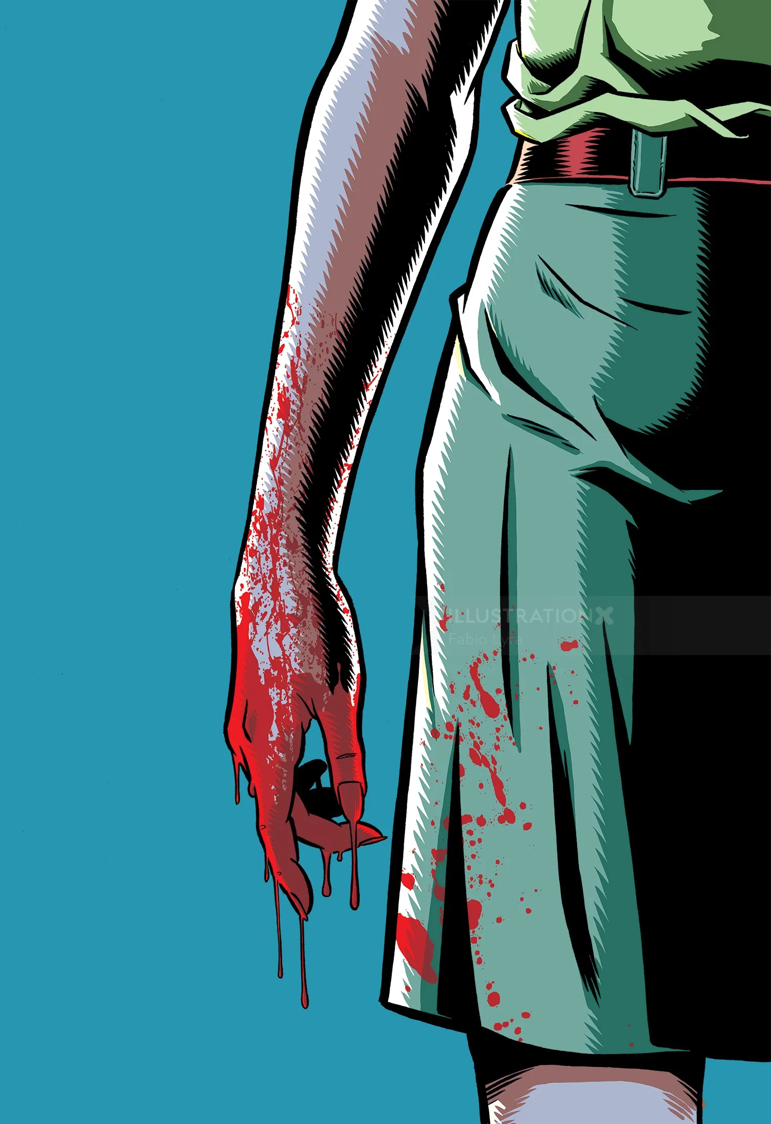 Fabio Lyra Illustration eines blutigen Arms neben einer grünen Hose