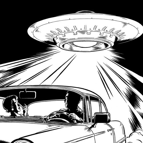 Fabio Lyra illustration of a UFO shining beams over a vintage car