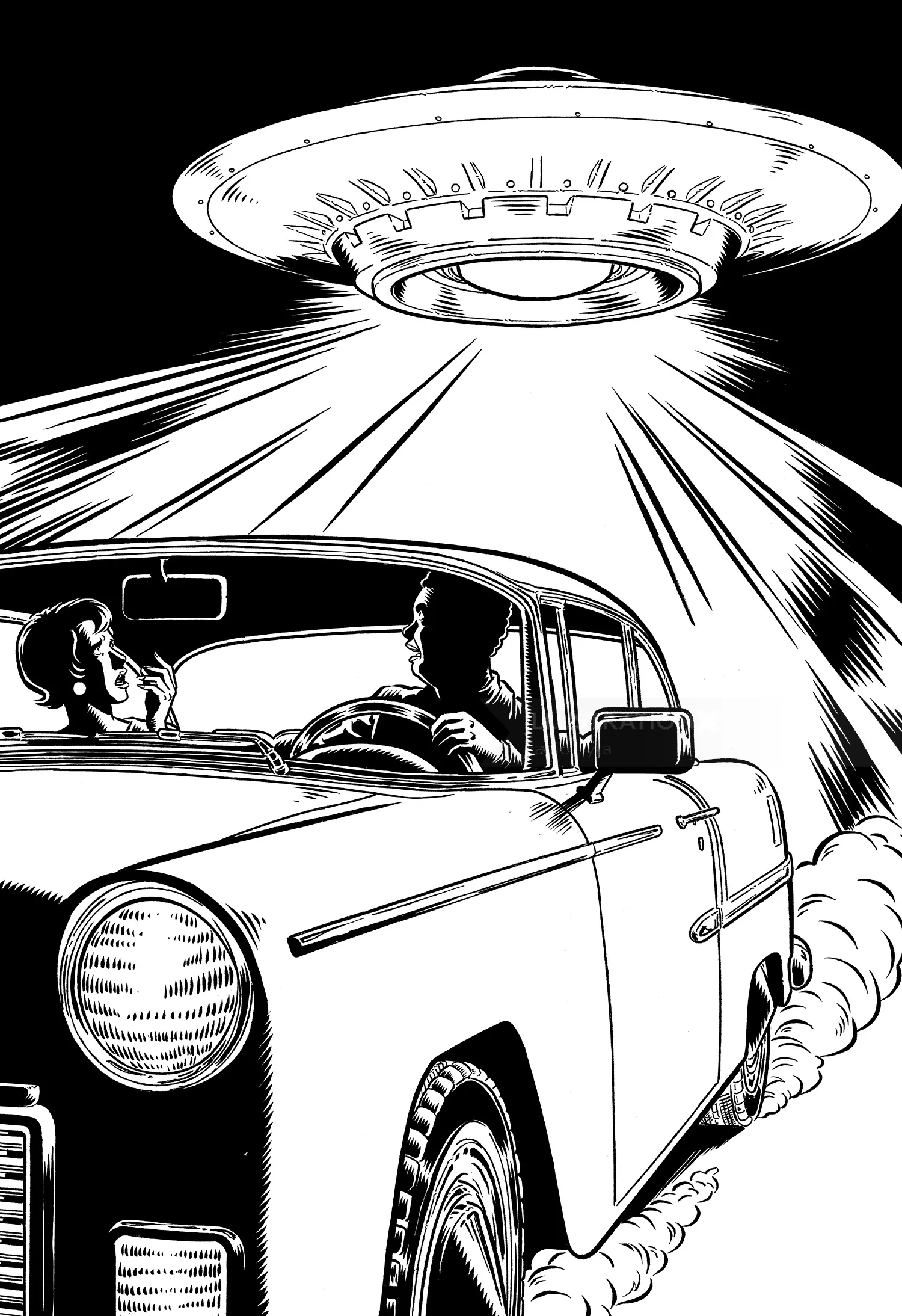 Fabio Lyra Illustration eines UFOs, das Strahlen über ein Oldtimer-Auto aussendet