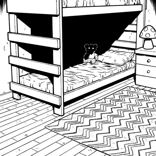 Fabio Lyra illustration of a bunk bed bedroom with mushroom lamp and patterned rug