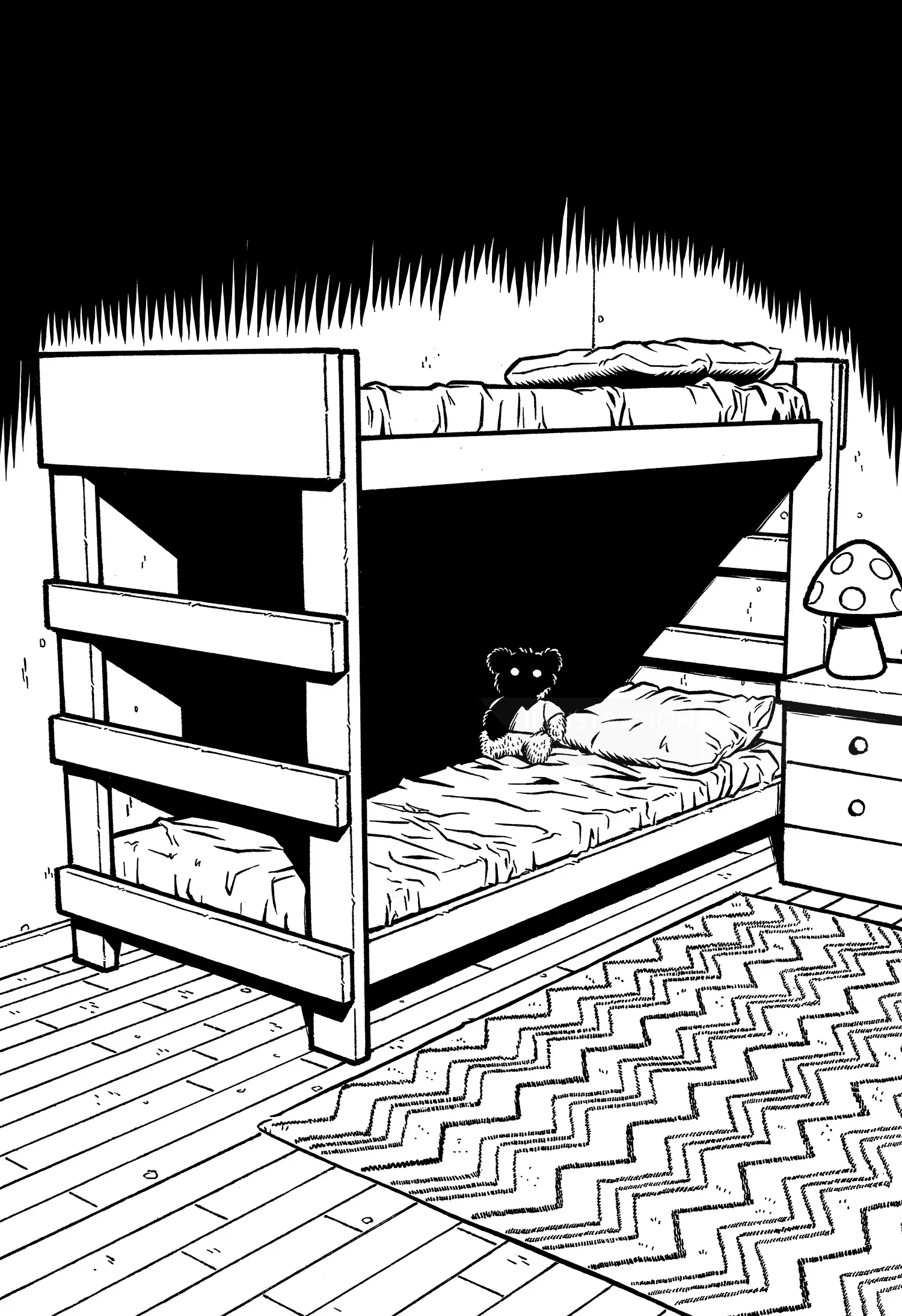 Fabio Lyra Illustration eines Schlafzimmers mit Etagenbett, Pilzlampe und gemustertem Teppich