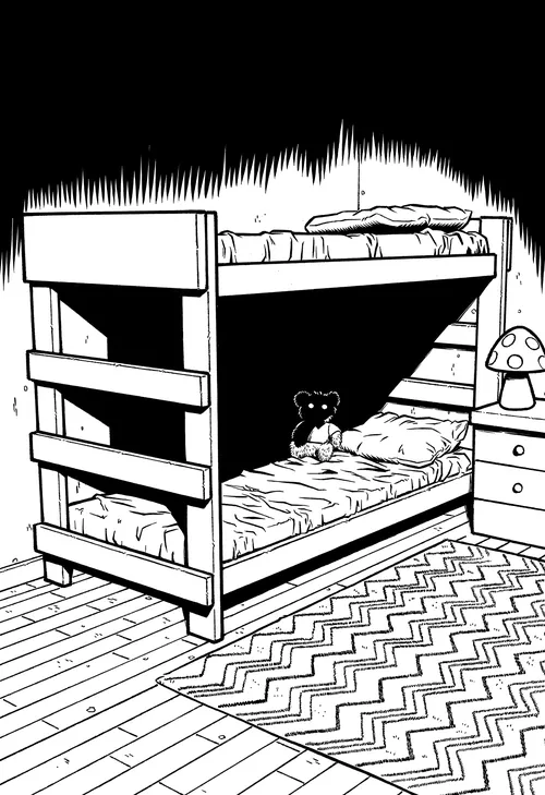 Fabio Lyra illustration of a bunk bed bedroom with mushroom lamp and patterned rug