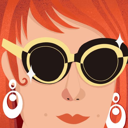 1960s woman with red hair wearing round sunglasses and large earrings