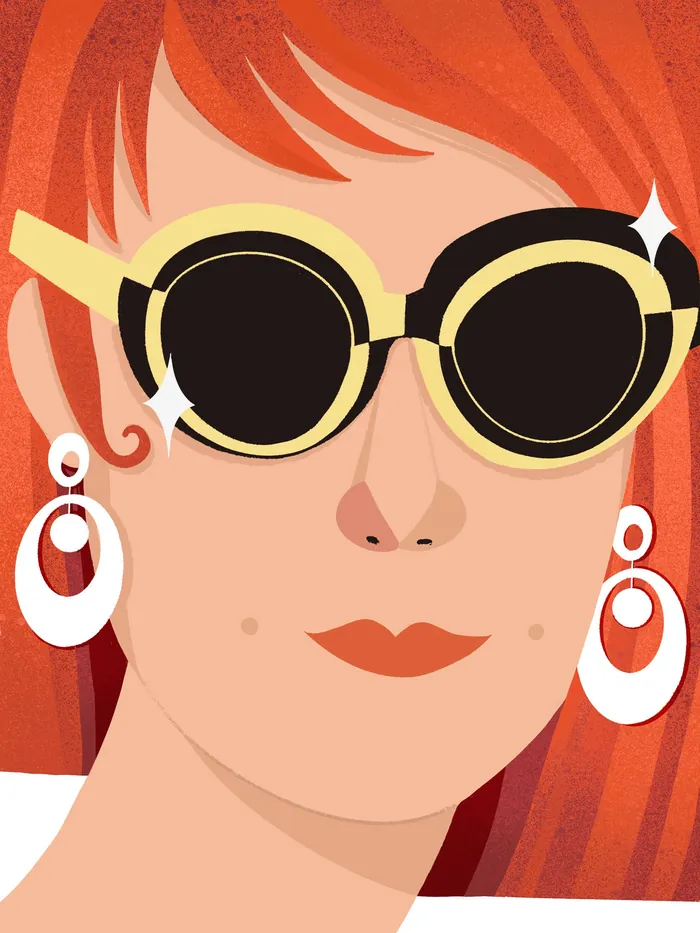 1960s woman with red hair wearing round sunglasses and large earrings