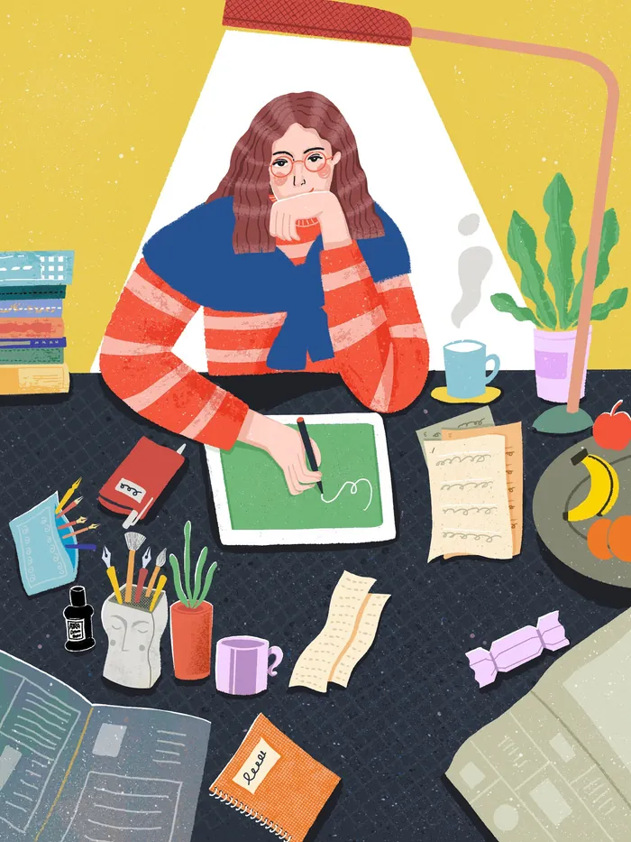 Woman writing at desk with books, plants, stationery, and snacks nearby