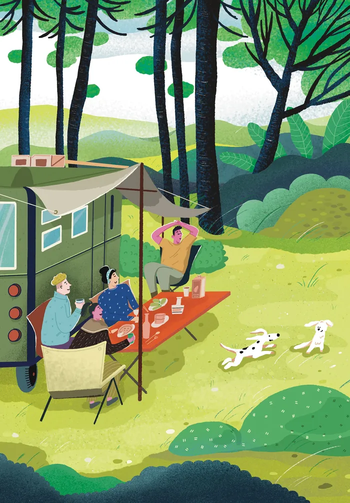 Three people sitting outside a camper with two white dogs running nearby.