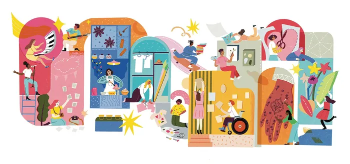 Abstract colorful illustration with diverse characters and creative shapes.