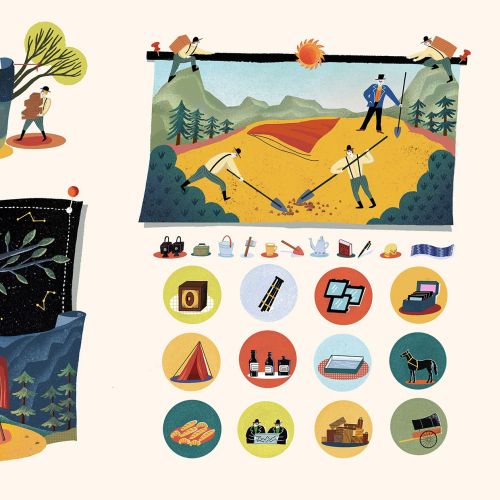Camping and outdoor adventure illustrations with tents, campfires, and nature scenes