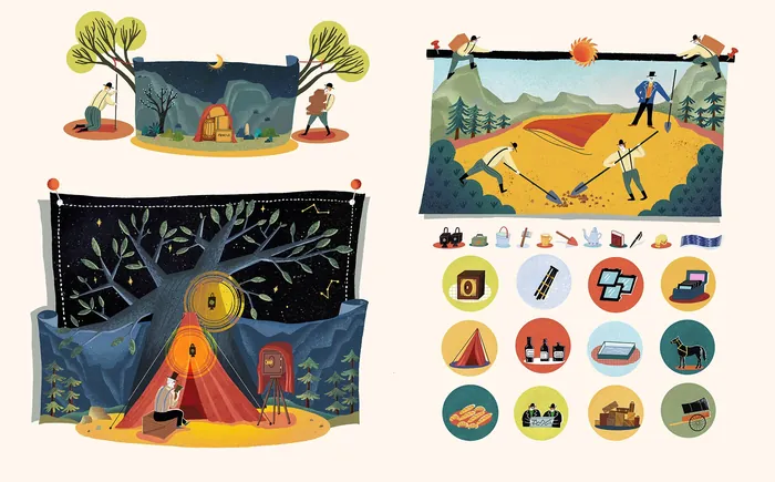 Camping and outdoor adventure illustrations with tents, campfires, and nature scenes
