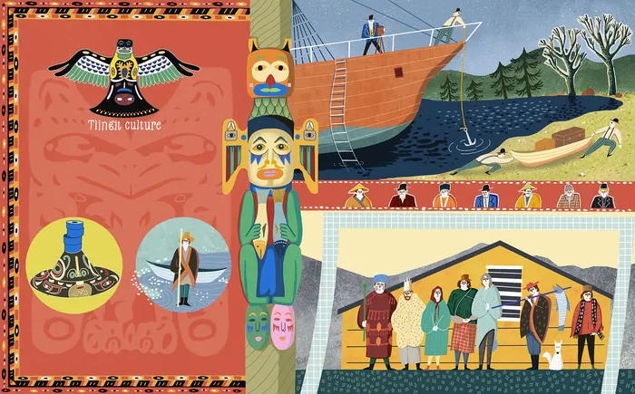 Indigenous artwork with totem pole, boat, and traditional community scenes