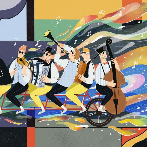 Six musicians on a tandem bike playing instruments with musical notes.