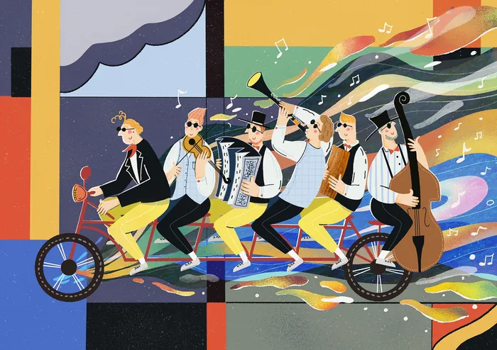 Six musicians on a tandem bike playing instruments with musical notes.