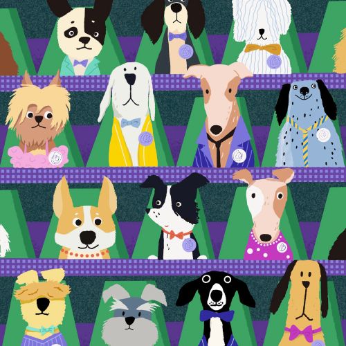 Illustration of diverse dog breeds arranged in colorful triangular shapes