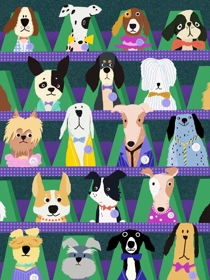 Illustration of diverse dog breeds arranged in colorful triangular shapes