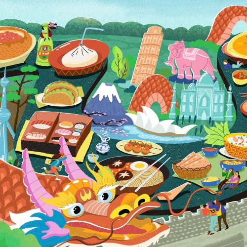 Asian landmarks and traditional food in vibrant, detailed illustration