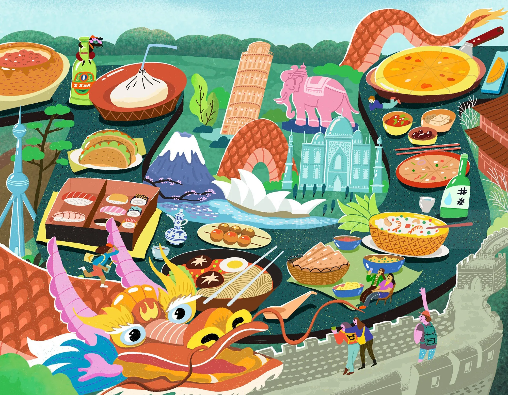Asian landmarks and traditional food in vibrant, detailed illustration