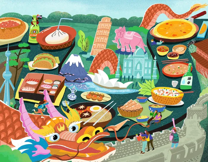 Asian landmarks and traditional food in vibrant, detailed illustration