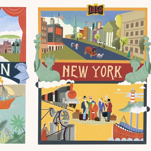 Vintage style illustrations of Victorian Kingston and 1850s New York city life.