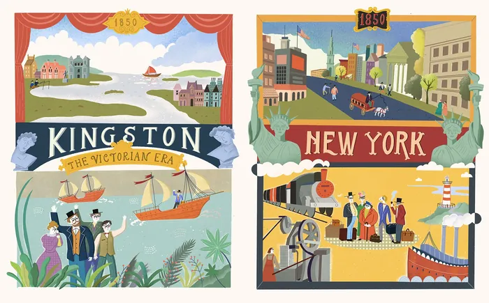Vintage style illustrations of Victorian Kingston and 1850s New York city life.
