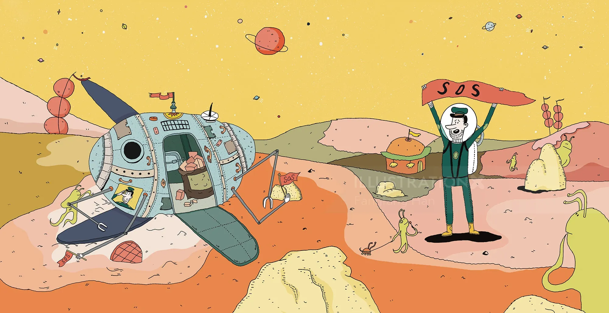Astronaut on alien planet holding SOS flag near crashed spaceship