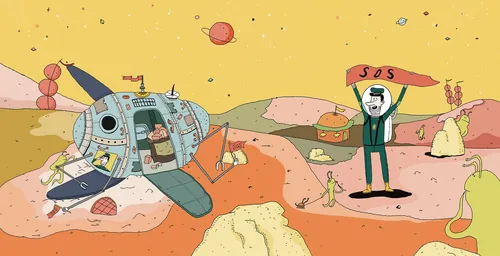 Astronaut on alien planet holding SOS flag near crashed spaceship