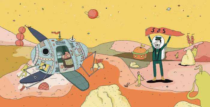 Astronaut on alien planet holding SOS flag near crashed spaceship