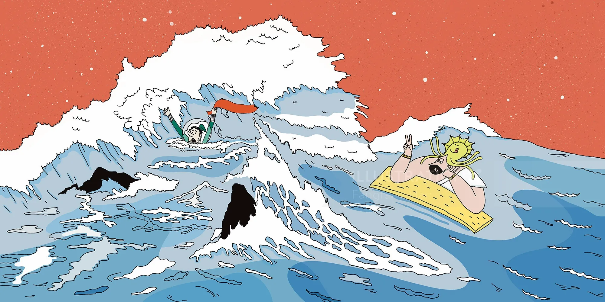 Person on raft floating near a large shark in animated ocean scene