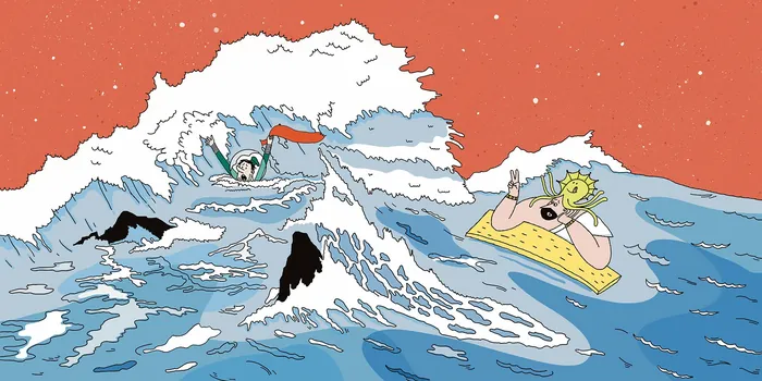 Person on raft floating near a large shark in animated ocean scene