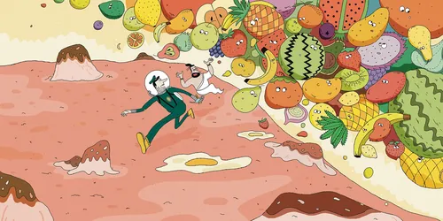 Astronaut floating with various fruits and fried eggs in space.