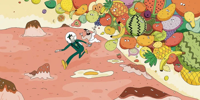 Astronaut floating with various fruits and fried eggs in space.