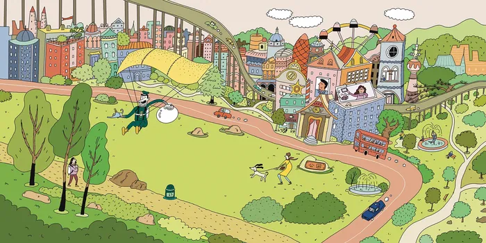 Illustration of a vibrant city with a flying plane and park activities