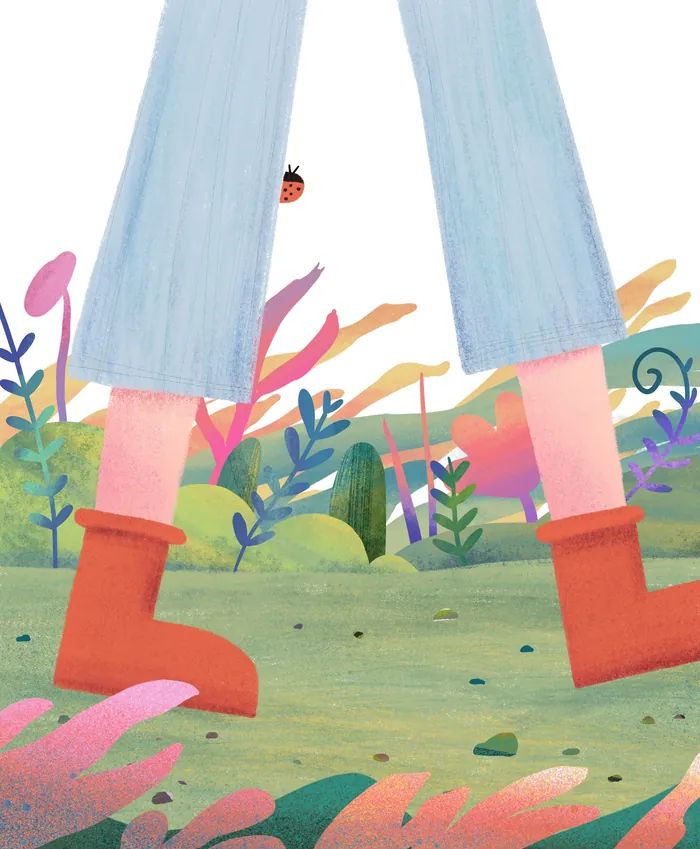 Legs walking among plants with a ladybug on a leaf