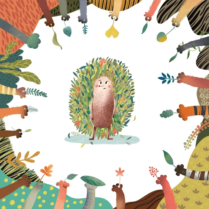 Hedgehog in center with many colorful animal legs and tails around