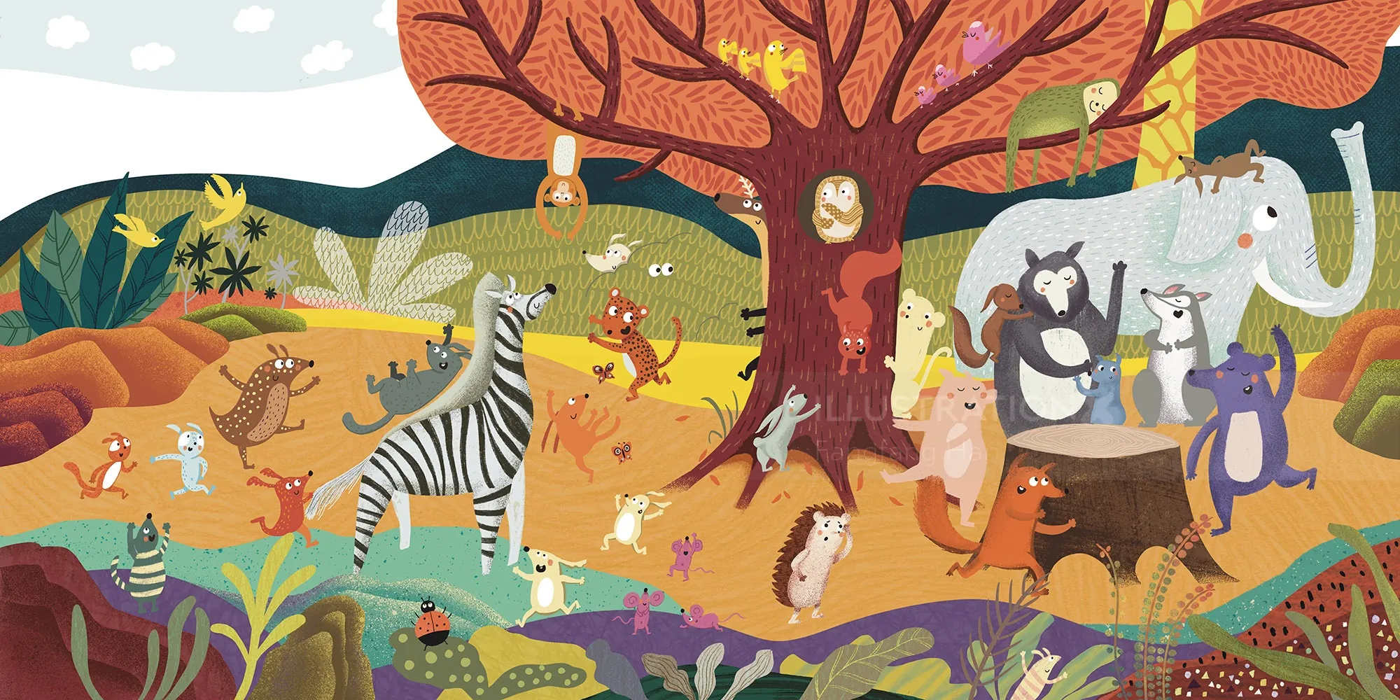 Wild animals in a scenic landscape for a picture book