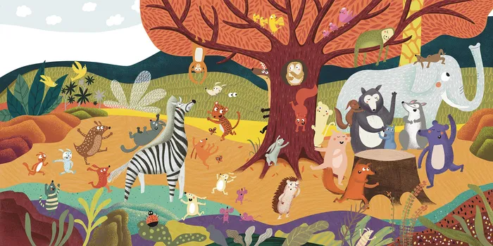 Wild animals in a scenic landscape for a picture book