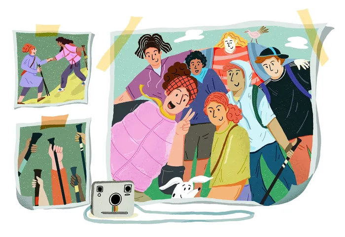 Friends smiling and posing for a selfie outdoors using a smartphone on a selfie stick.