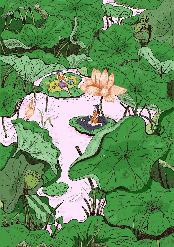 Children playing and reading on lotus leaves in a pond with green foliage