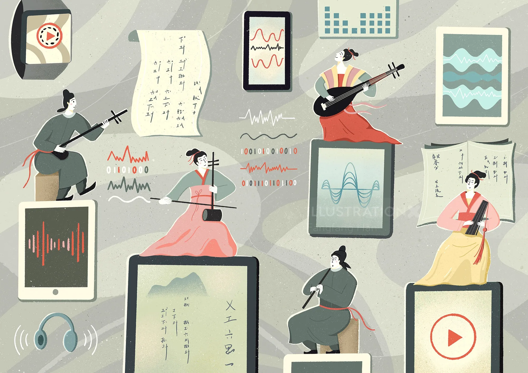 People playing traditional string instruments with soundwave charts and digital devices